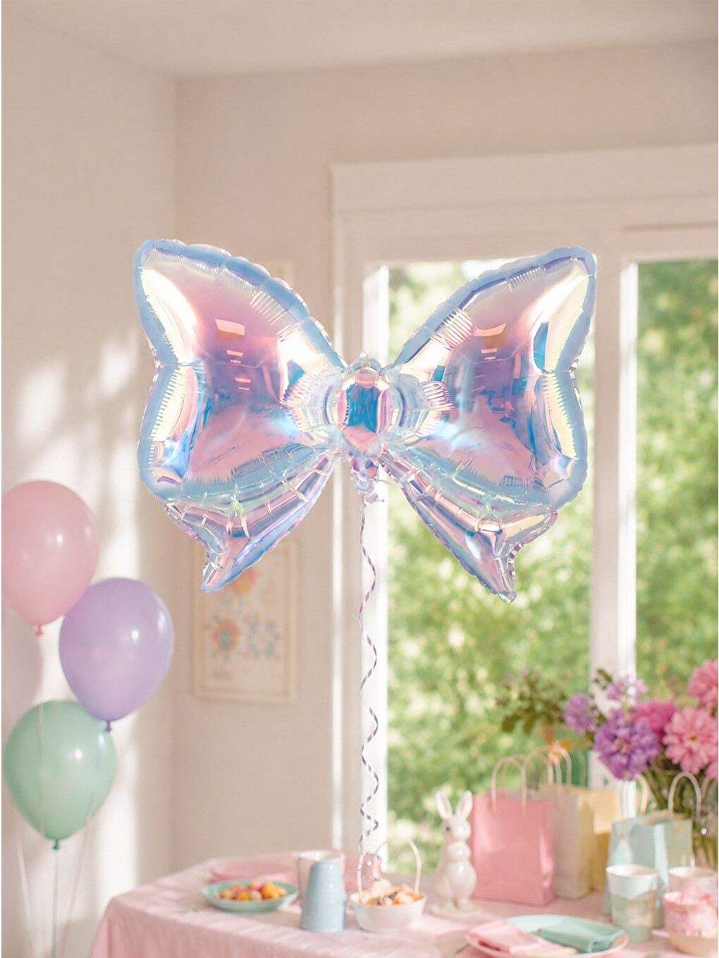 Beyaz Fiyonk Şekilli Hologram Folyo Balon Parti Dekorasyonu 73 cm-1