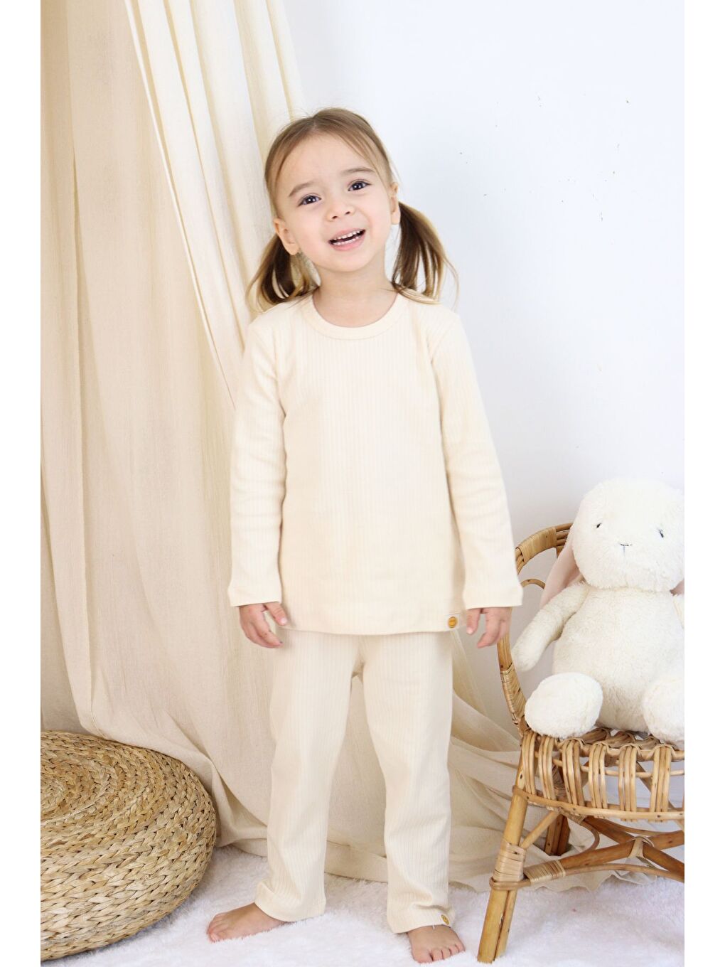 Ekru Basic Fitilli İnterlok Kumaş %100 Pamuk 1-5 Yaş Beyaz Bebek Pijama Takımı