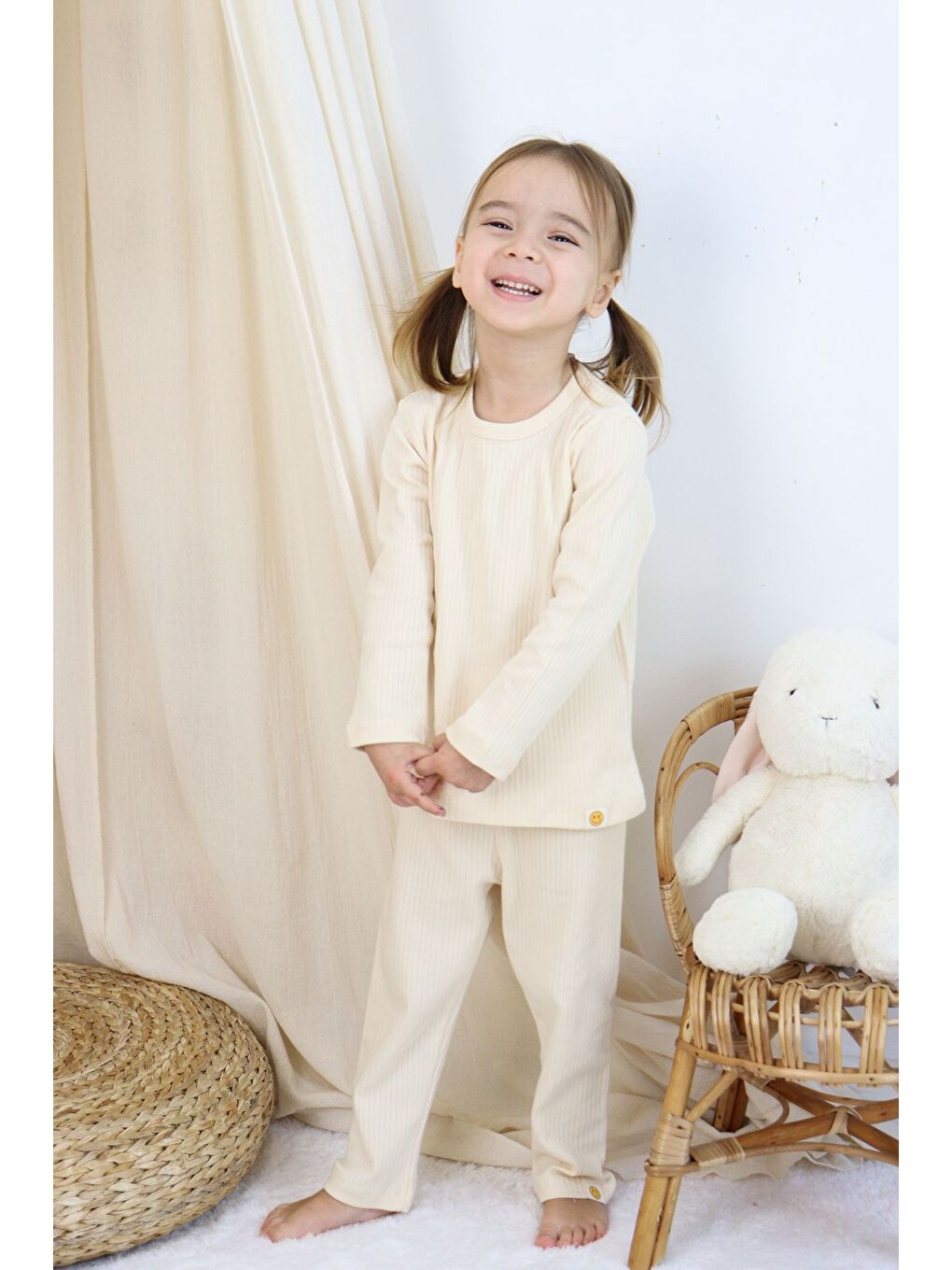 Ekru Basic Fitilli İnterlok Kumaş %100 Pamuk 1-5 Yaş Beyaz Bebek Pijama Takımı-1
