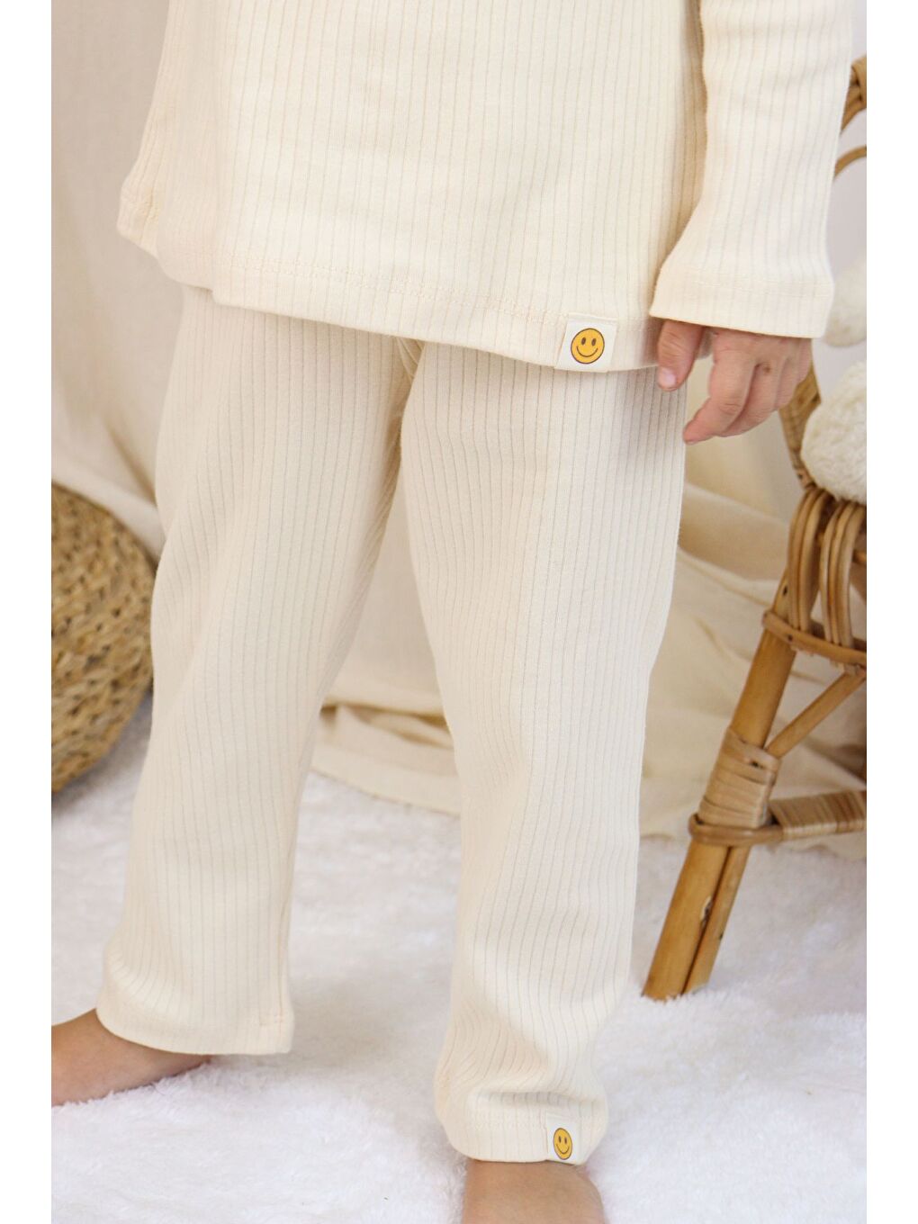 Ekru Basic Fitilli İnterlok Kumaş %100 Pamuk 1-5 Yaş Beyaz Bebek Pijama Takımı-2