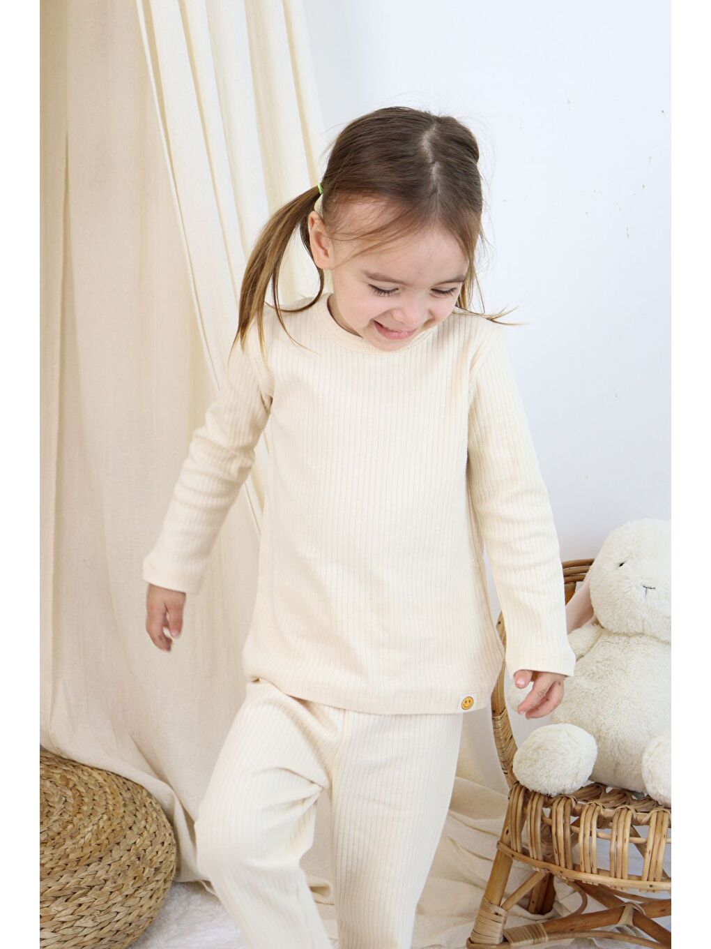Ekru Basic Fitilli İnterlok Kumaş %100 Pamuk 1-5 Yaş Beyaz Bebek Pijama Takımı-3