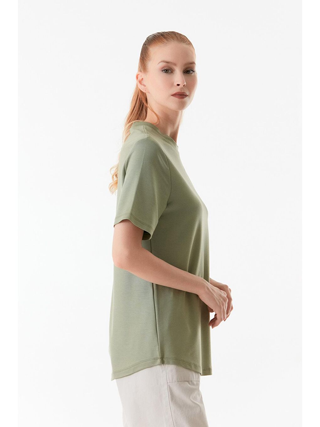 Haki Basic Bisiklet Yaka Tişört-4