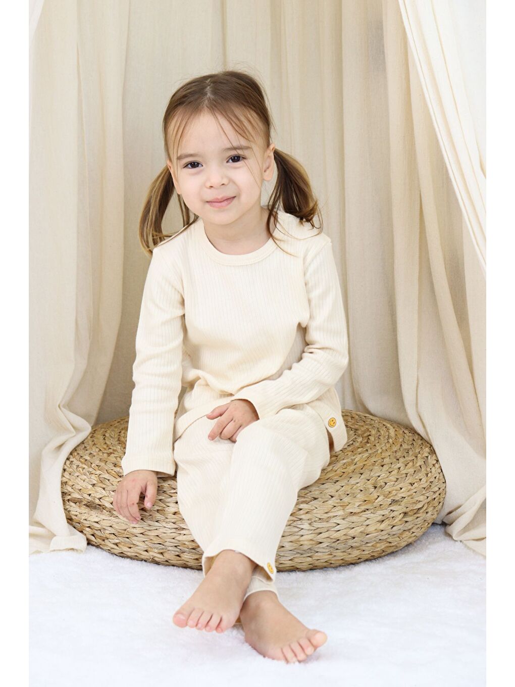 Ekru Basic Fitilli İnterlok Kumaş %100 Pamuk 1-5 Yaş Beyaz Bebek Pijama Takımı-4