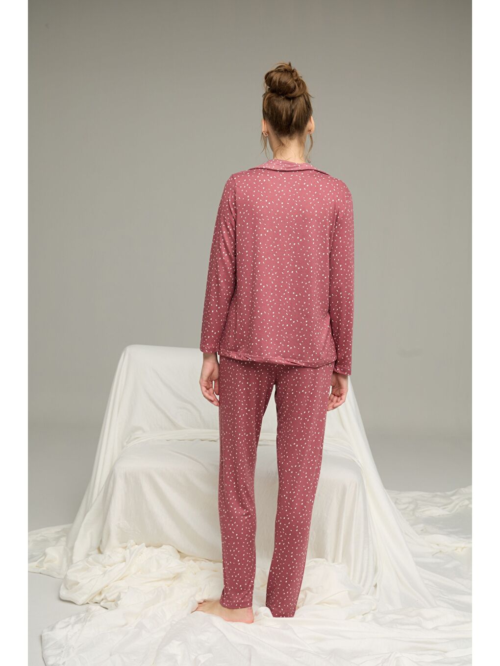 Pembe Gülkurusu Desenli Gömlek Yaka Düğmeli Milan Örme Pijama Takım25224029-2