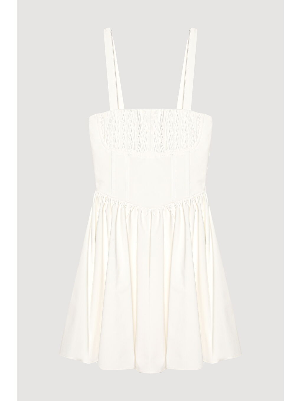 Kalın Askılı Pileli Mini Elbise Ekru
