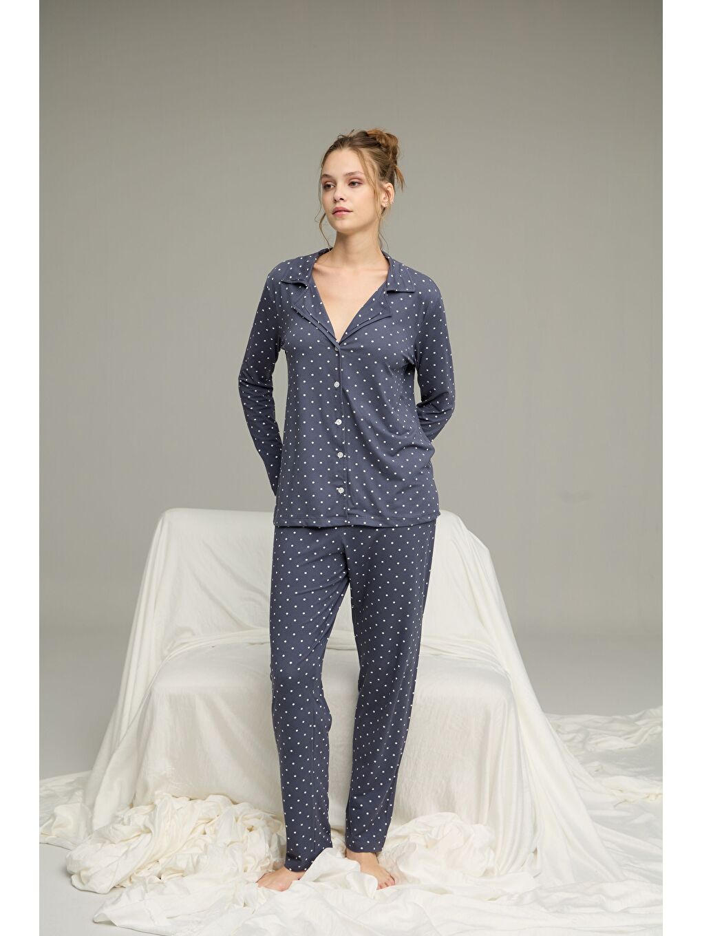 İndigo Puan Desenli Gömlek Yaka Düğmeli Milan Örme Pijama Takım25224033-1