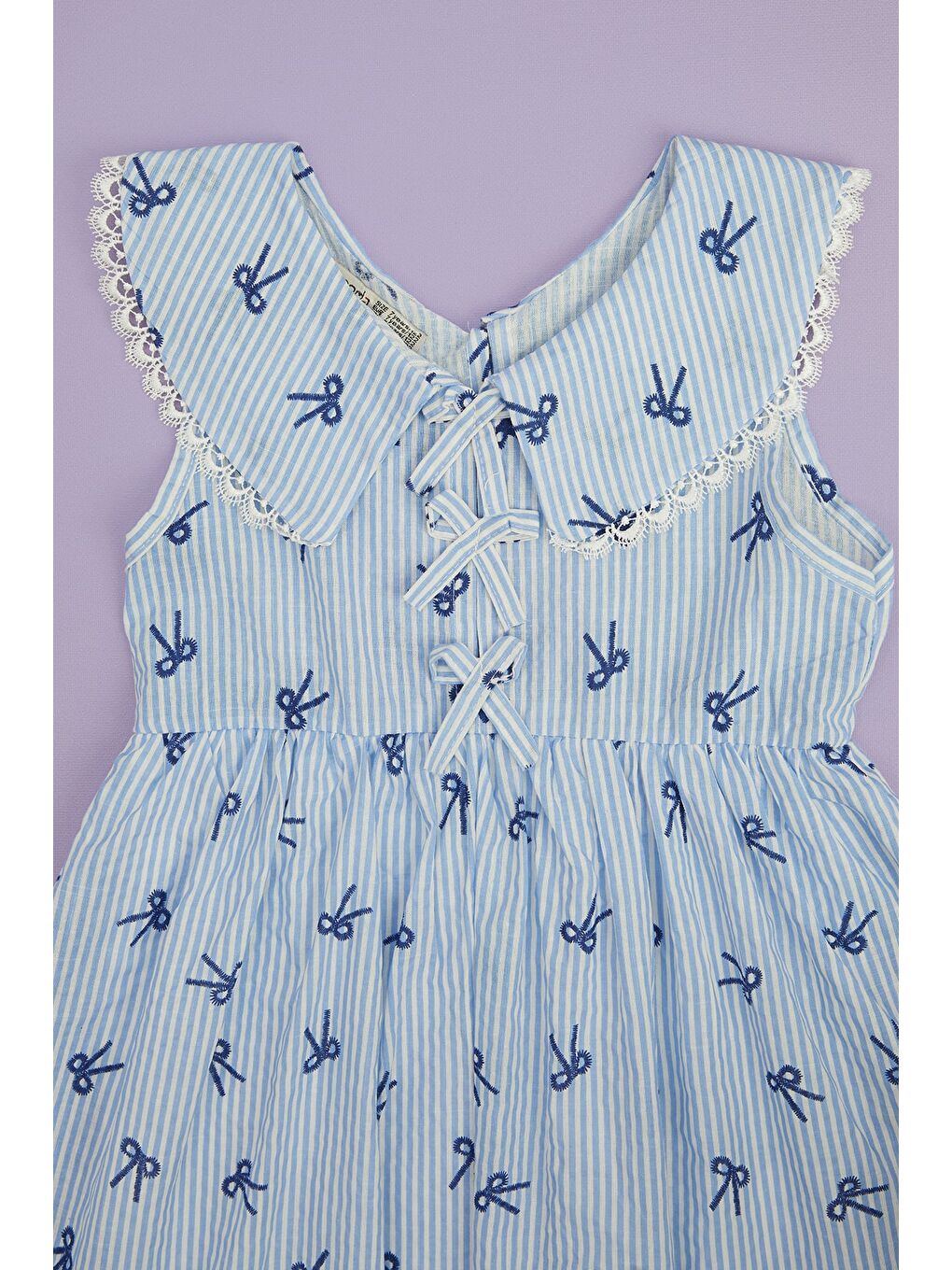 Mavi Fiyonklu Çizgili Dantelli Bebe Yaka Kız Çocuk Elbise-1