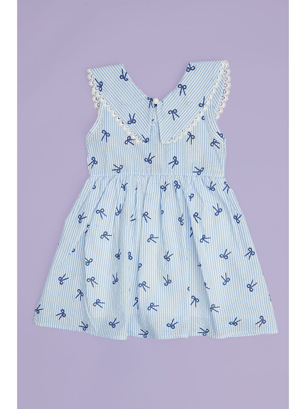 Mavi Fiyonklu Çizgili Dantelli Bebe Yaka Kız Çocuk Elbise-2