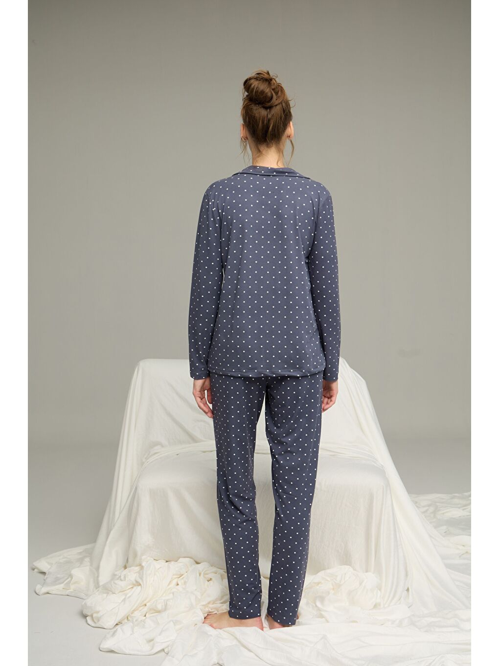 İndigo Puan Desenli Gömlek Yaka Düğmeli Milan Örme Pijama Takım25224033-2