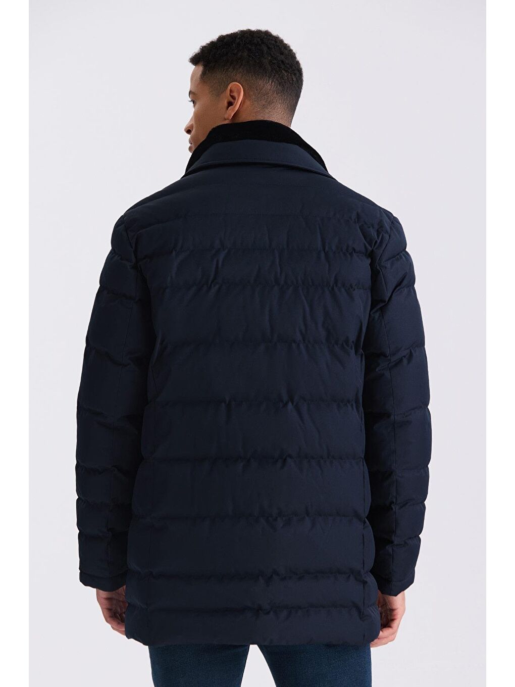 Lacivert Regular Fit Yaka Kürklü Düğmeli Şişme Mont-3