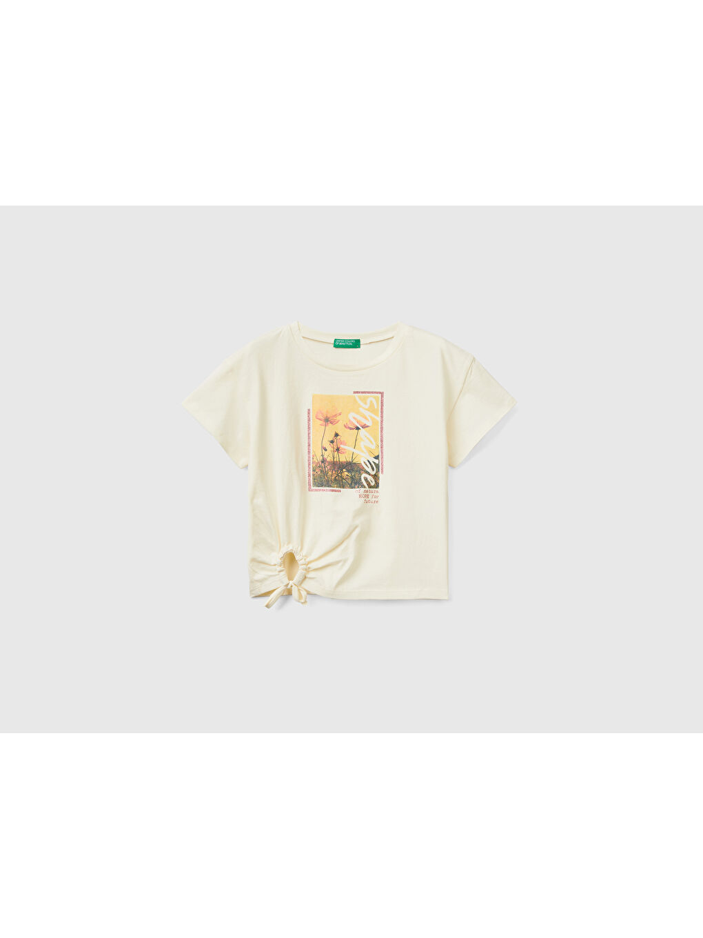 United Colors Of Benetton Bej Kız Çocuk Vanilya Grafik Baskılı Simli Crop T-Shirt