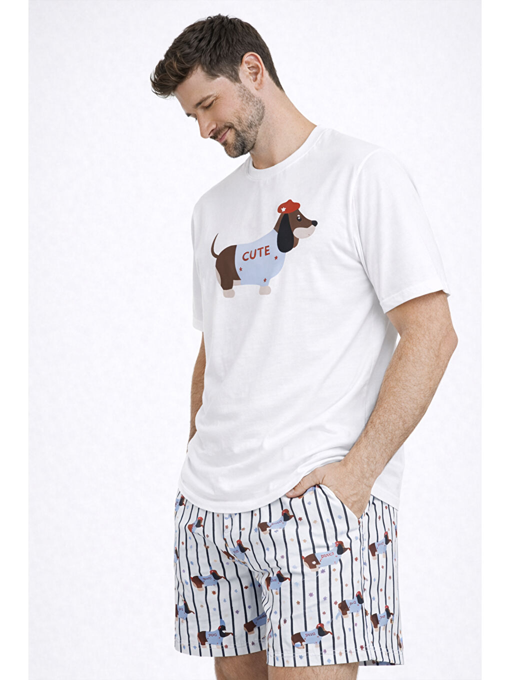 Beyaz Erkek Pamuklu Köpek Baskılı Cepli Şort Pijama Takımı-1