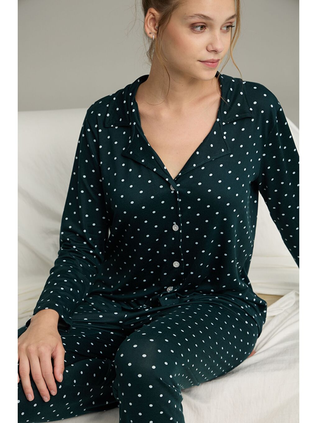 Petrol Puan Desenli Gömlek Yaka Düğmeli Milan Örme Pijama Takım25224035