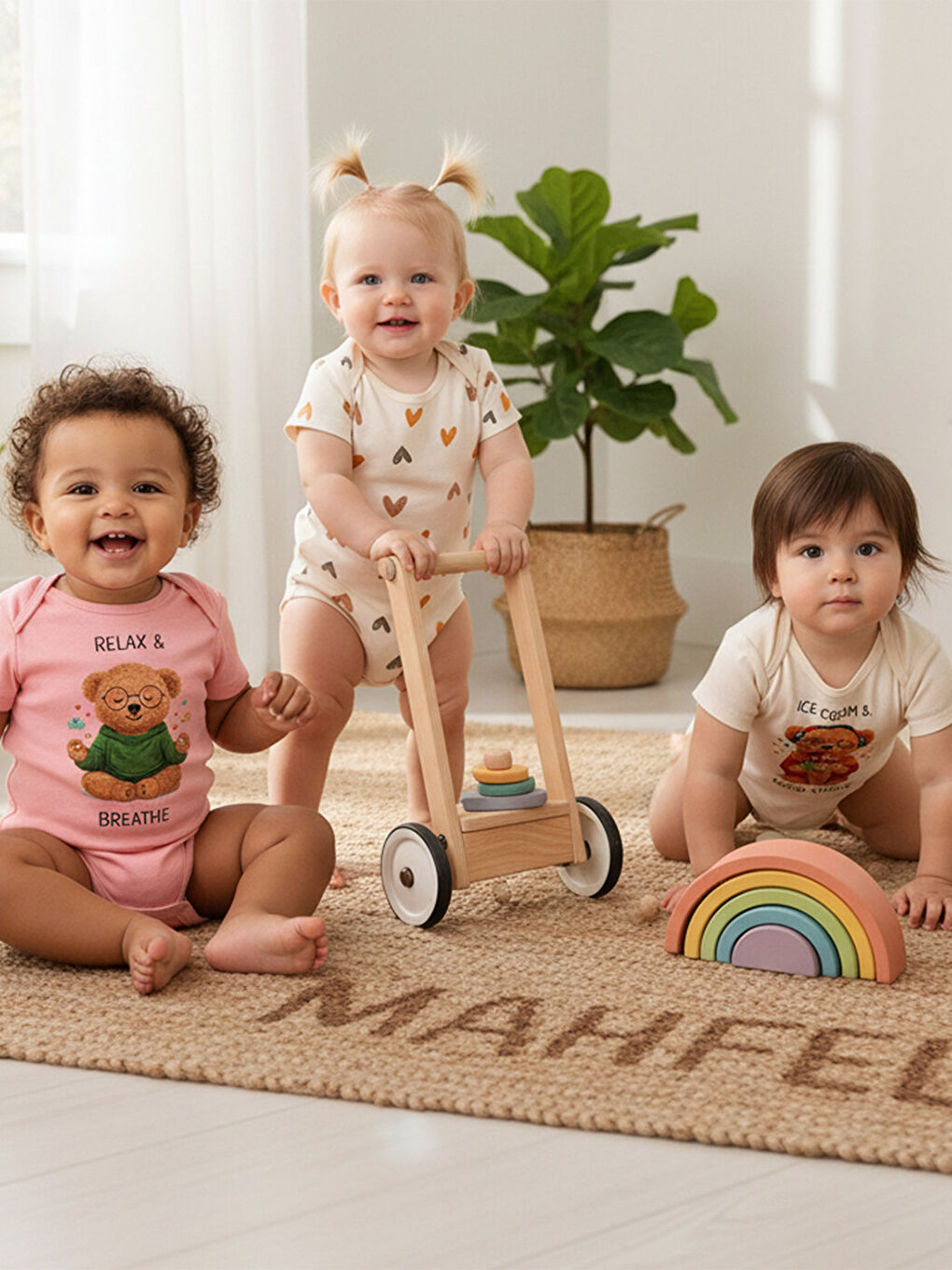 Beyaz 3'Lü %100 Pamuklu Organik Baskılı Kısa Kollu Çıtçıtlı Bebek Body Zıbın 874-873-1