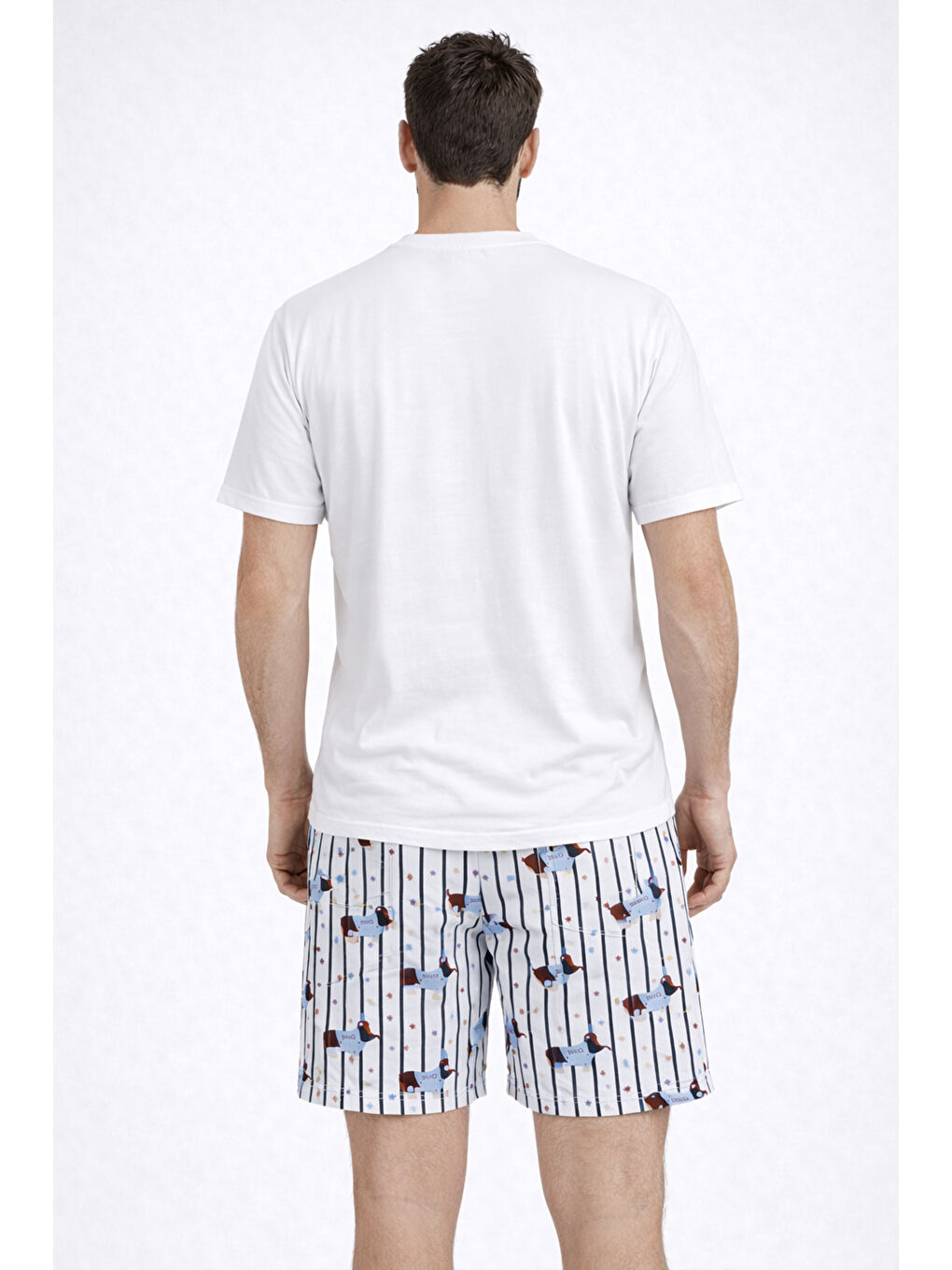 Beyaz Erkek Pamuklu Köpek Baskılı Cepli Şort Pijama Takımı-2