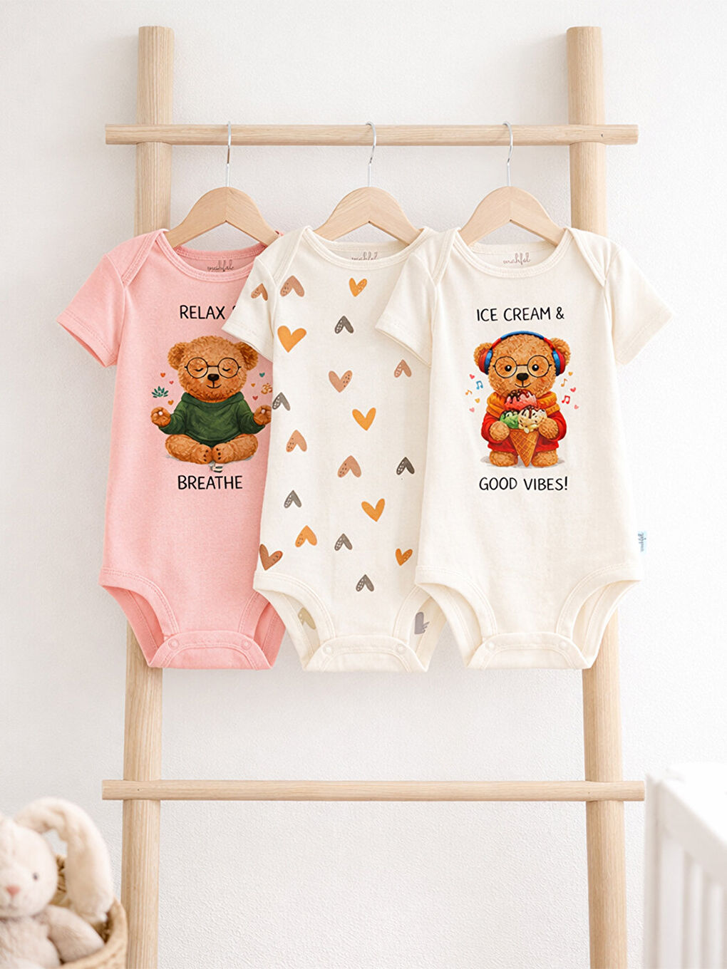 Beyaz 3'Lü %100 Pamuklu Organik Baskılı Kısa Kollu Çıtçıtlı Bebek Body Zıbın 874-873-2