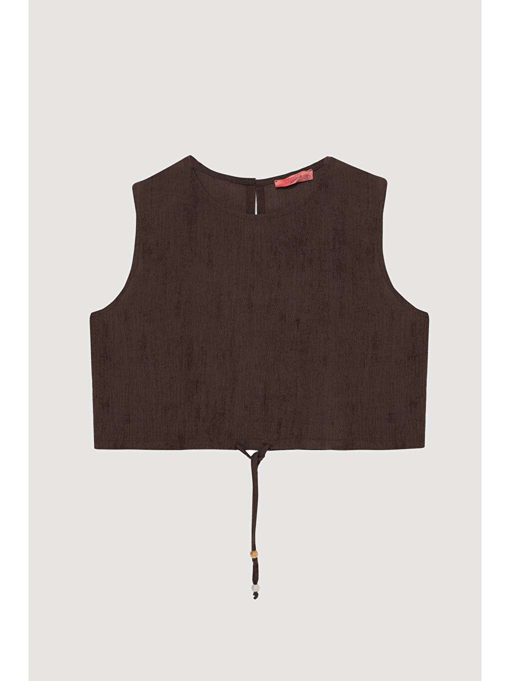 Büzgü Detaylı Bağcıklı Kolsuz Bluz Kahverengi