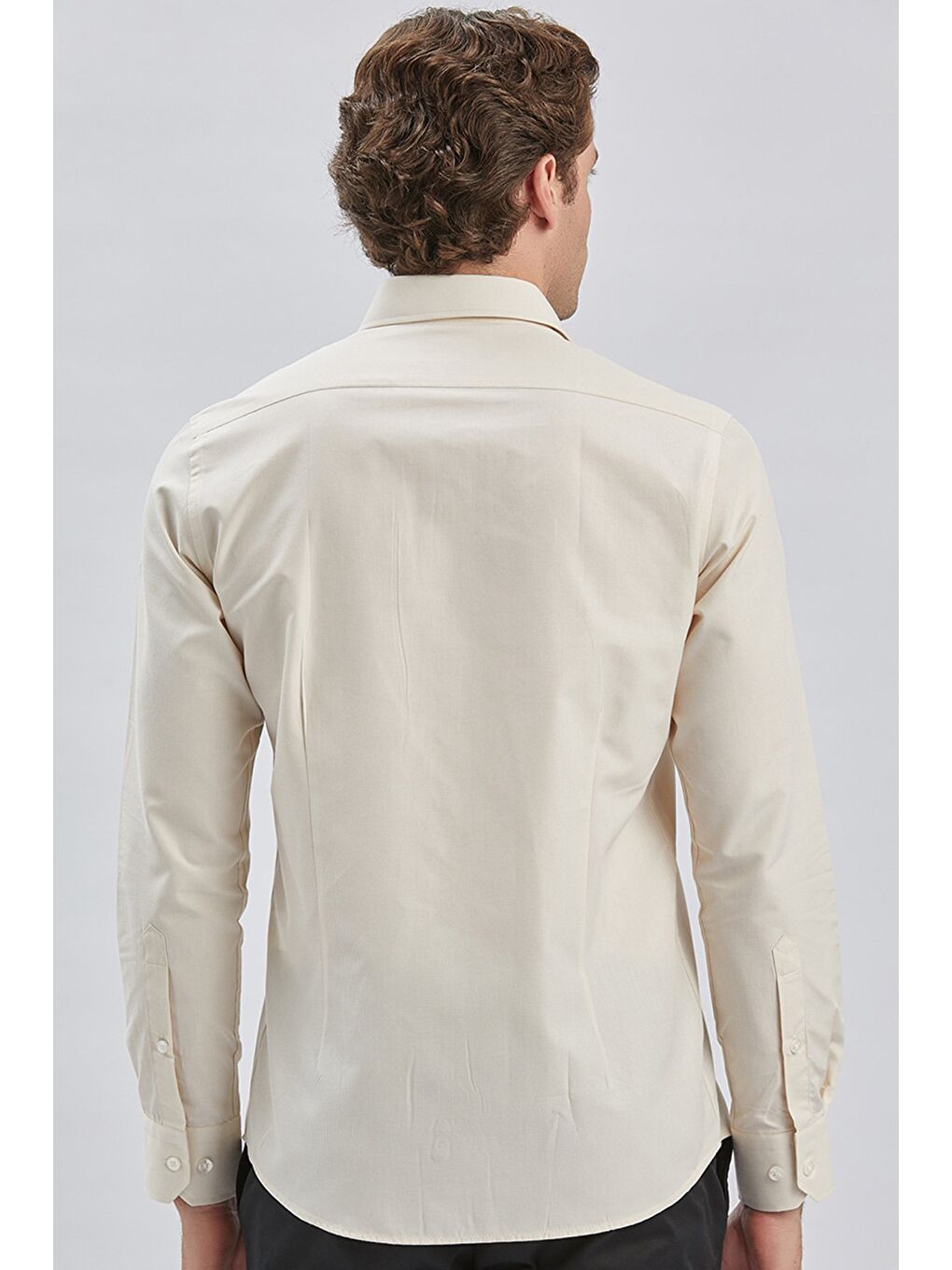 Bej Uzun Kollu Bez Ayağı Sert Yaka Cepsiz Pamuklu Klasik Slim Fit Dar Kesim Gömlek 1004240230-4