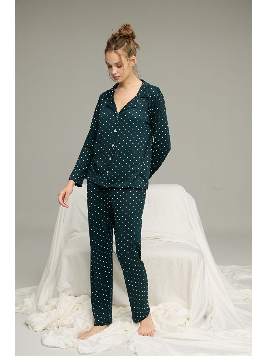 Petrol Puan Desenli Gömlek Yaka Düğmeli Milan Örme Pijama Takım25224035-1