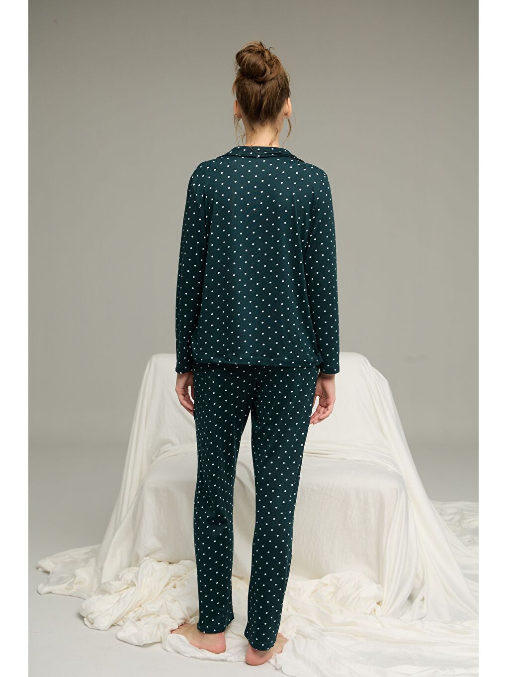 Petrol Puan Desenli Gömlek Yaka Düğmeli Milan Örme Pijama Takım25224035-2