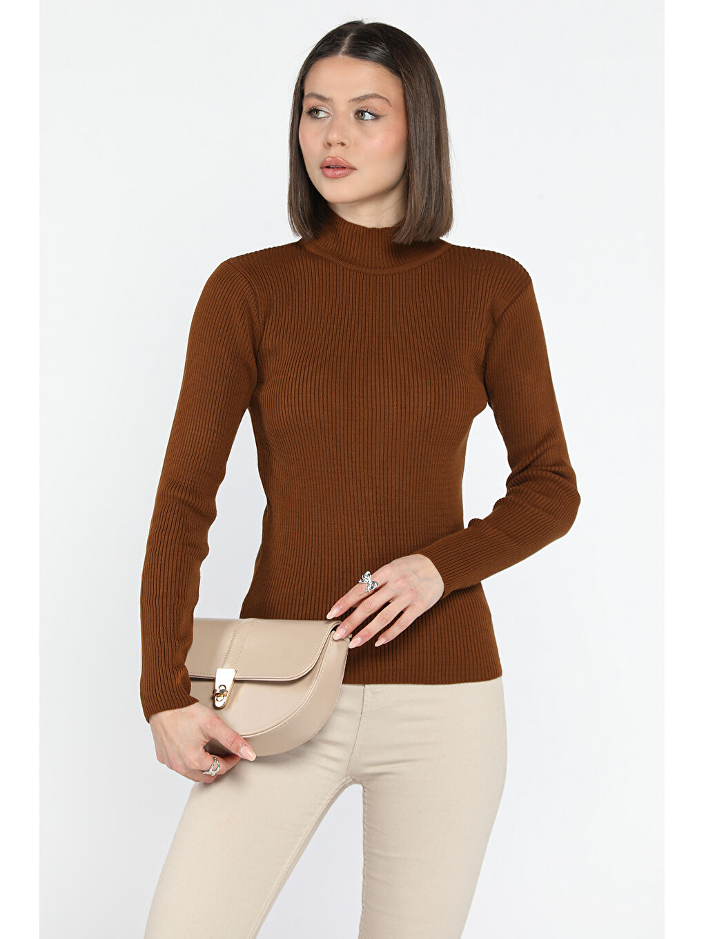 Kahverengi Kadın Yarım Balıkçı Yaka Elastanlı Triko Bluz  s m l Beden Uyumludur