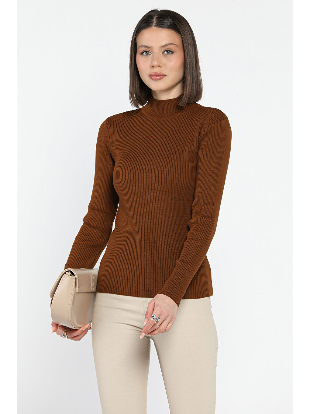 Kahverengi Kadın Yarım Balıkçı Yaka Elastanlı Triko Bluz  s m l Beden Uyumludur-1