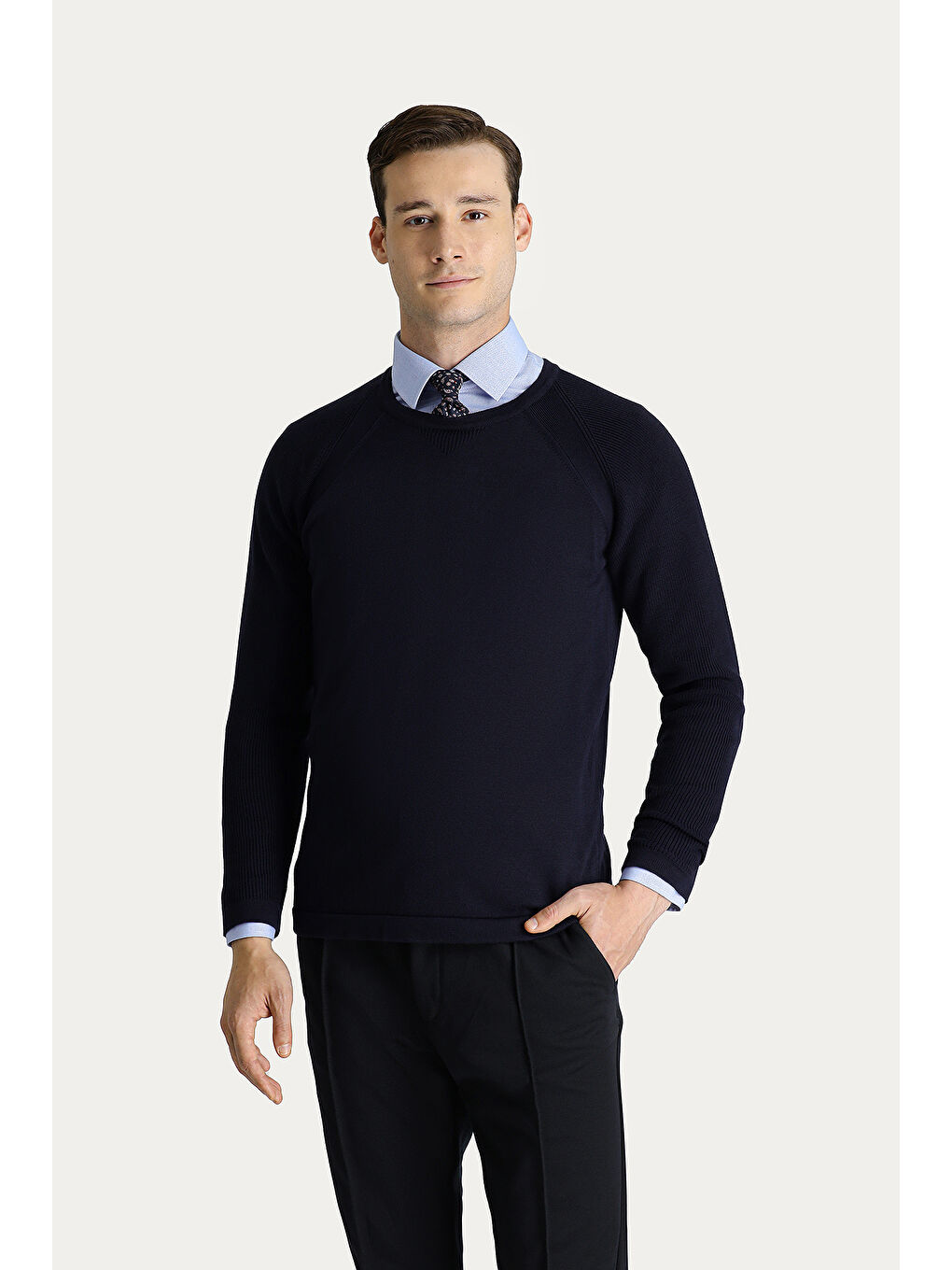 Lacivert Bisiklet Yaka Slim Fit Dar Kesim Desenli Pamuklu Triko Kazak