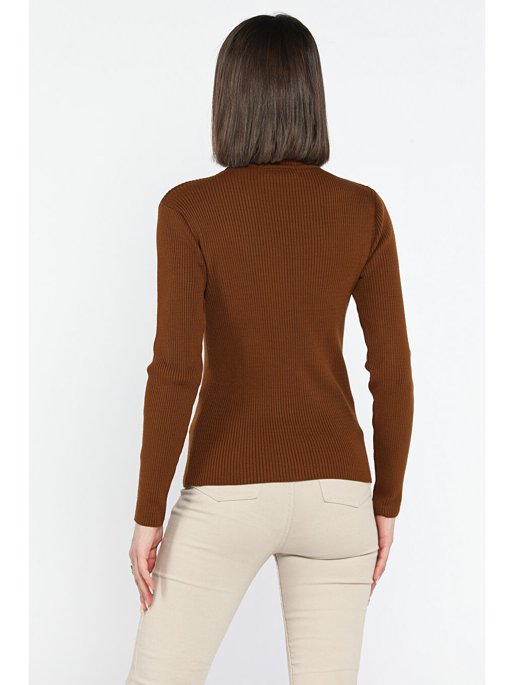Kahverengi Kadın Yarım Balıkçı Yaka Elastanlı Triko Bluz  s m l Beden Uyumludur-2