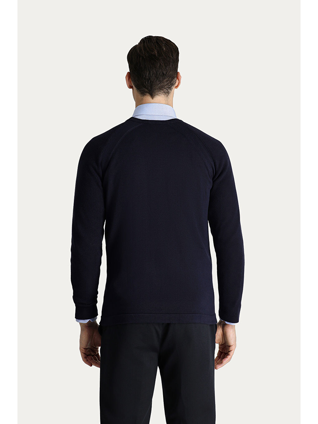 Lacivert Bisiklet Yaka Slim Fit Dar Kesim Desenli Pamuklu Triko Kazak-1