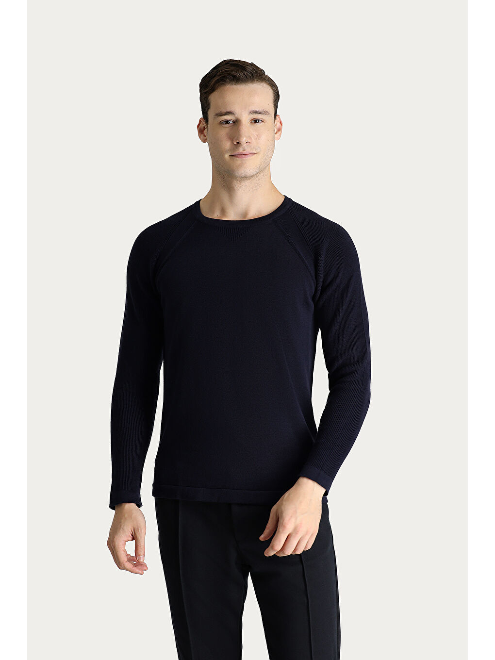 Lacivert Bisiklet Yaka Slim Fit Dar Kesim Desenli Pamuklu Triko Kazak-2