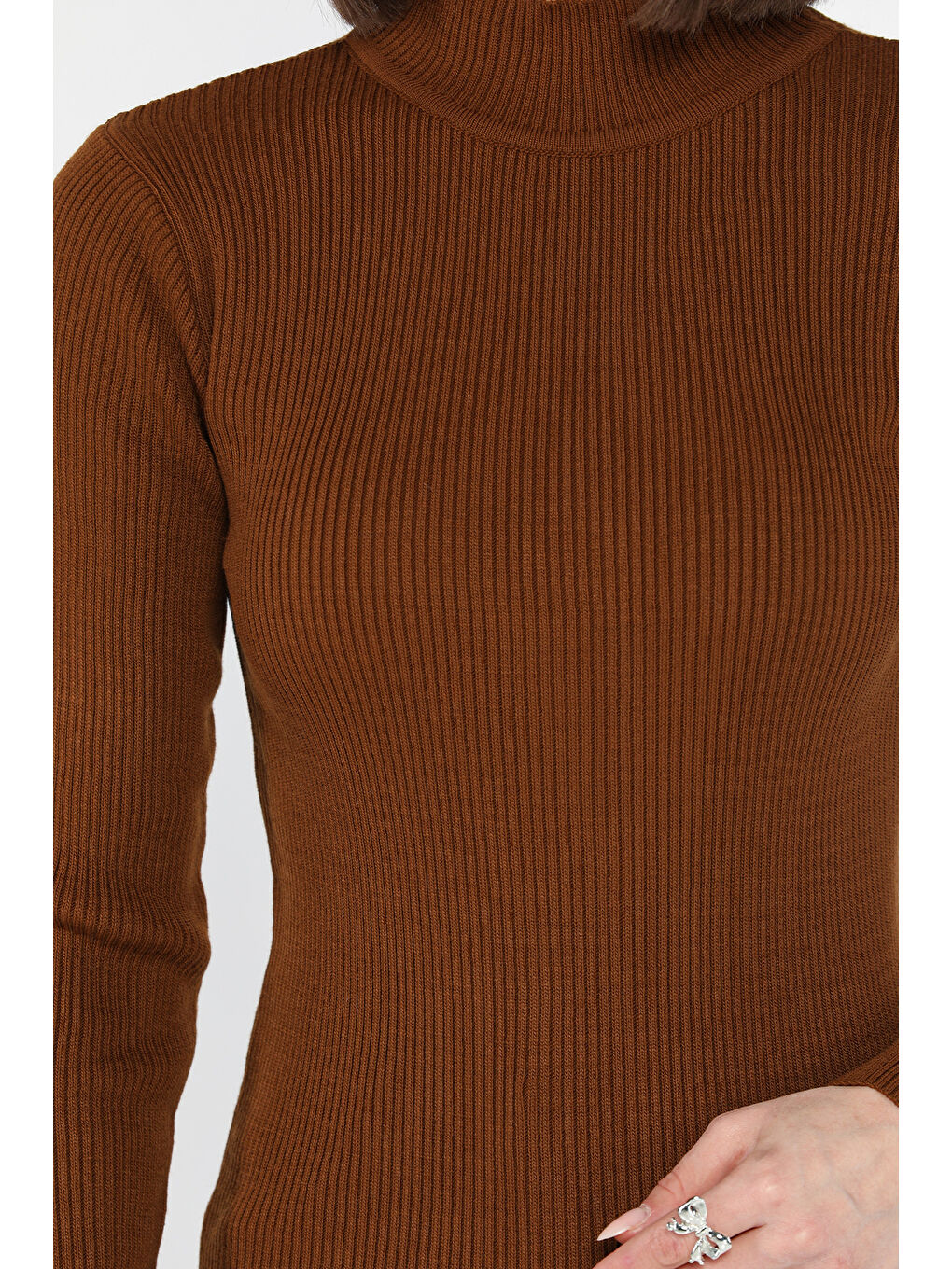 Kahverengi Kadın Yarım Balıkçı Yaka Elastanlı Triko Bluz  s m l Beden Uyumludur-3