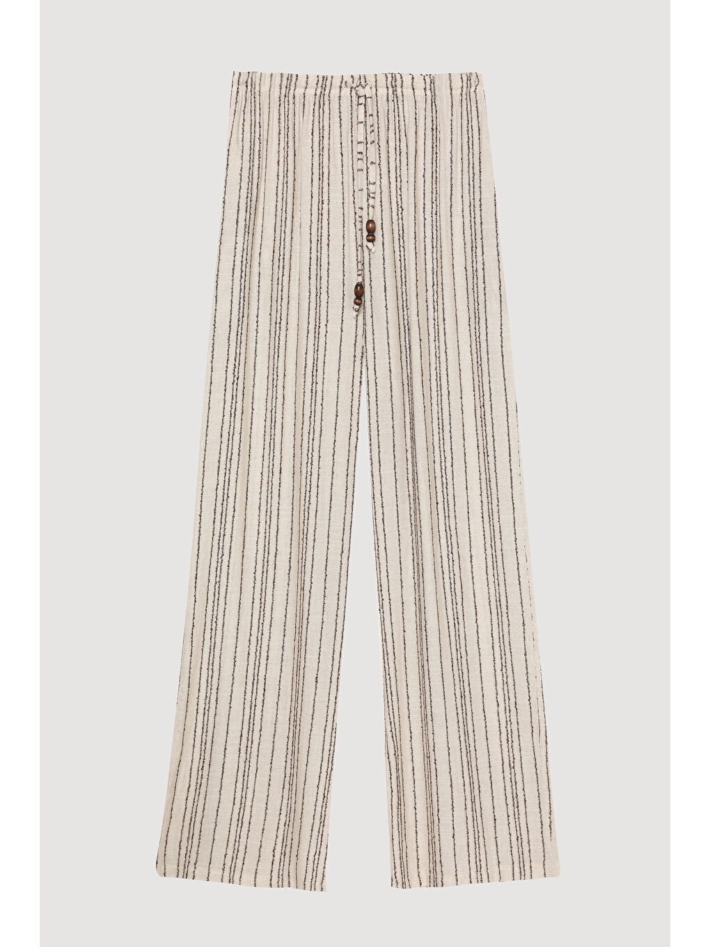 Bej Dokulu İnce Çizgili Bağcıklı Pantolon Naturel