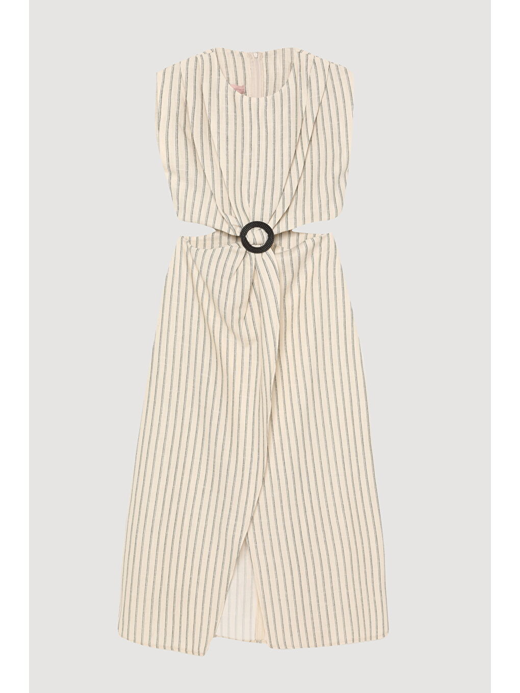 Bej Kemer Aksesuarlı Cut Out Çizgili Midi Elbise Naturel