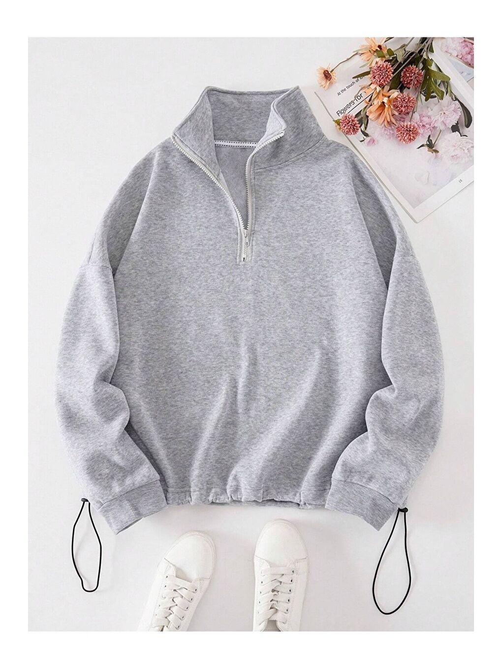 Trendseninle Kadın 3 İplik Gri Fermuarlı Dik Yaka Altı Starstoplu Lastikli Model Oversize Sweatshirt