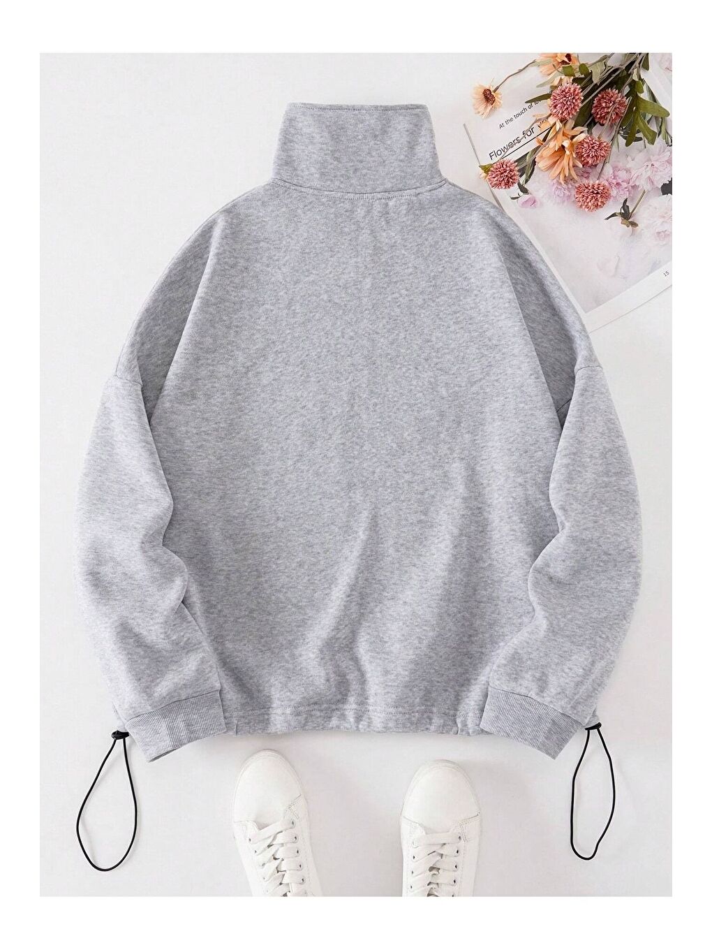 Trendseninle Kadın 3 İplik Gri Fermuarlı Dik Yaka Altı Starstoplu Lastikli Model Oversize Sweatshirt - 1