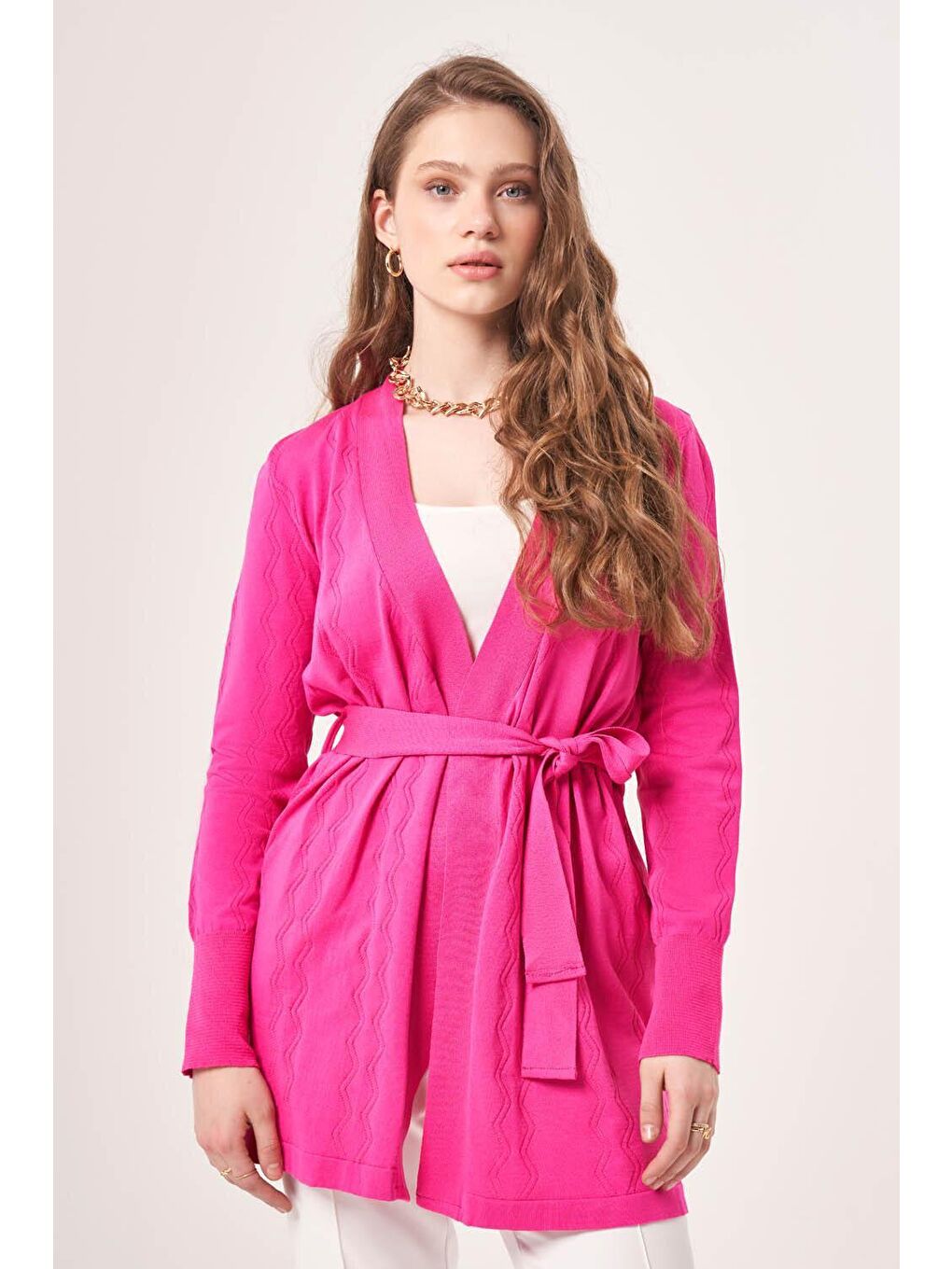 Örgü Desenli Fuşya Triko Hırka