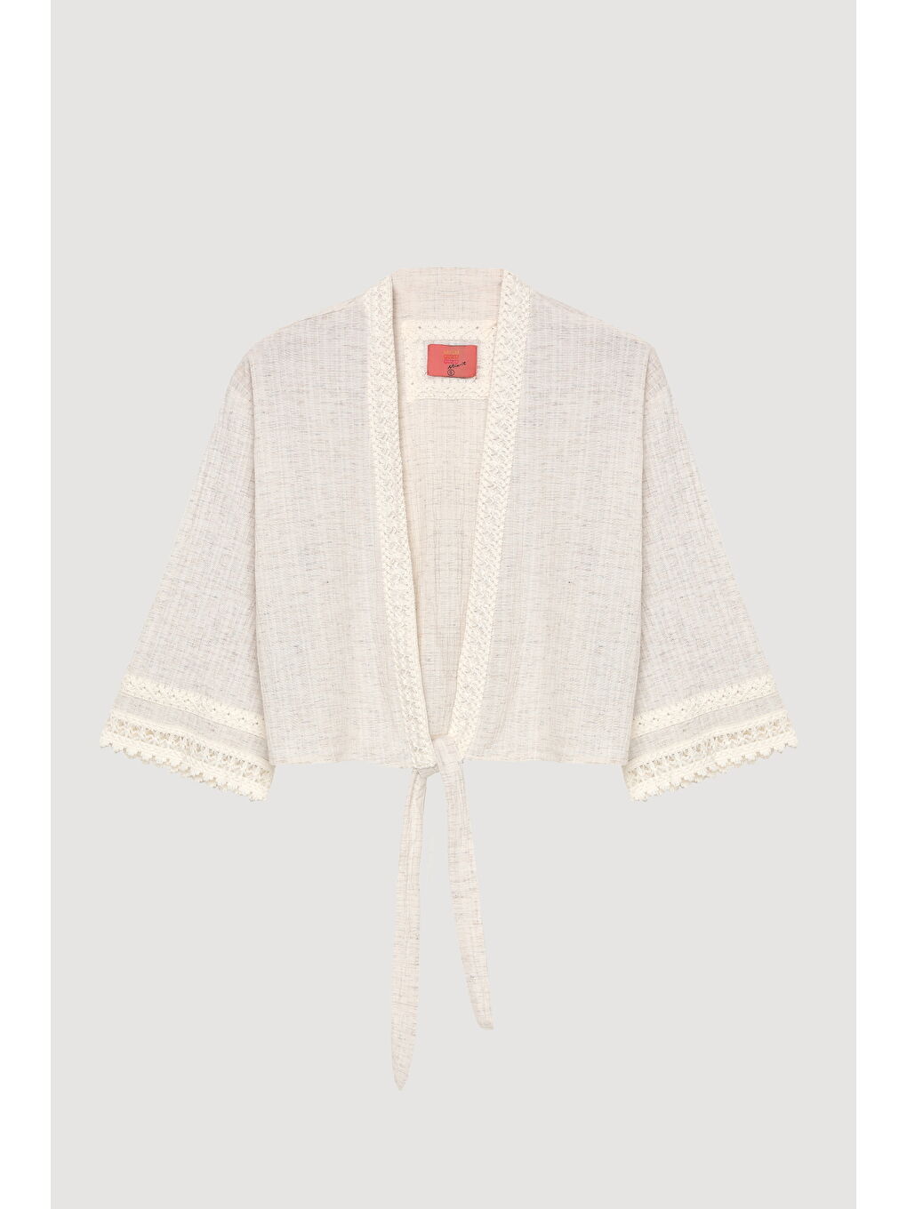 Bej Şerit Dantelli Bağlamalı Kimono Naturel