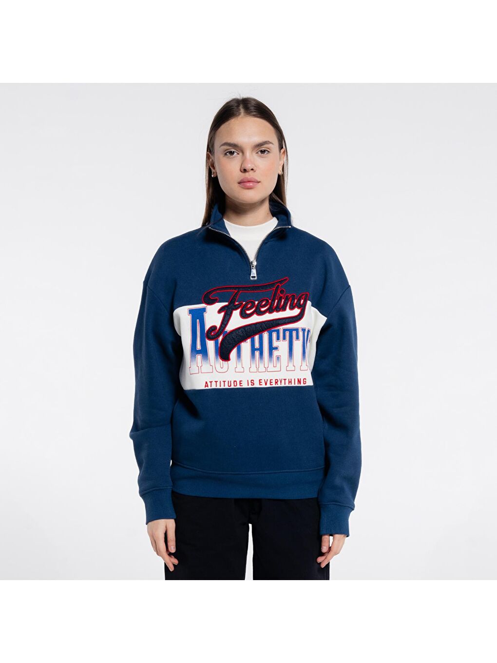 Mıke Kadın Petrol Dik Yaka Oversize Yarı Fermuarlı Unisex Sweatshirt