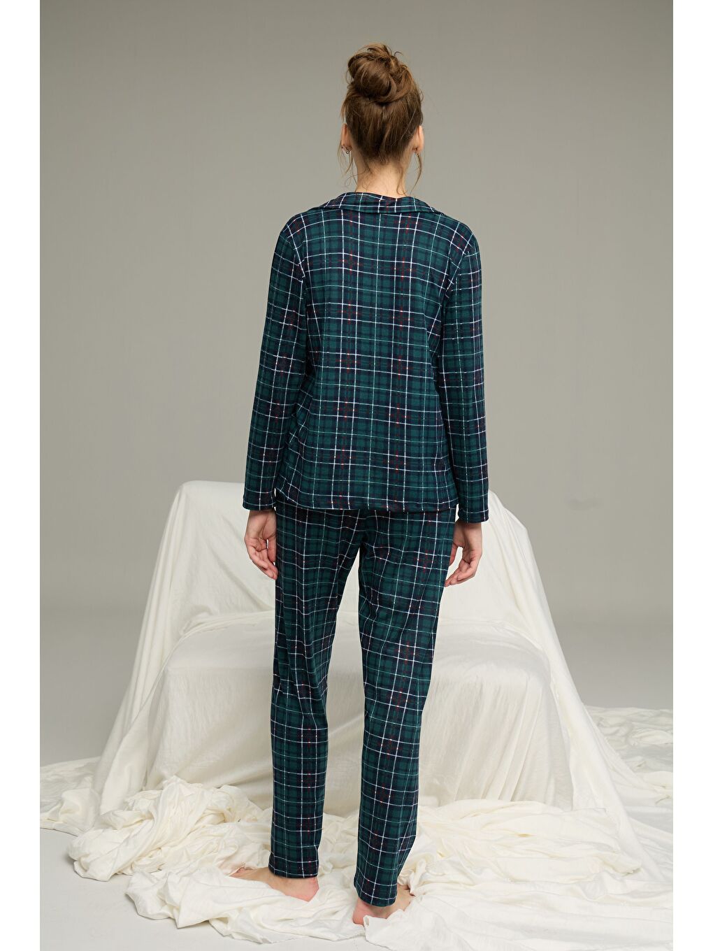 Yeşil Ekose Desenli Gömlek Yaka Düğmeli Milan Örme Pijama Takım25224037-2