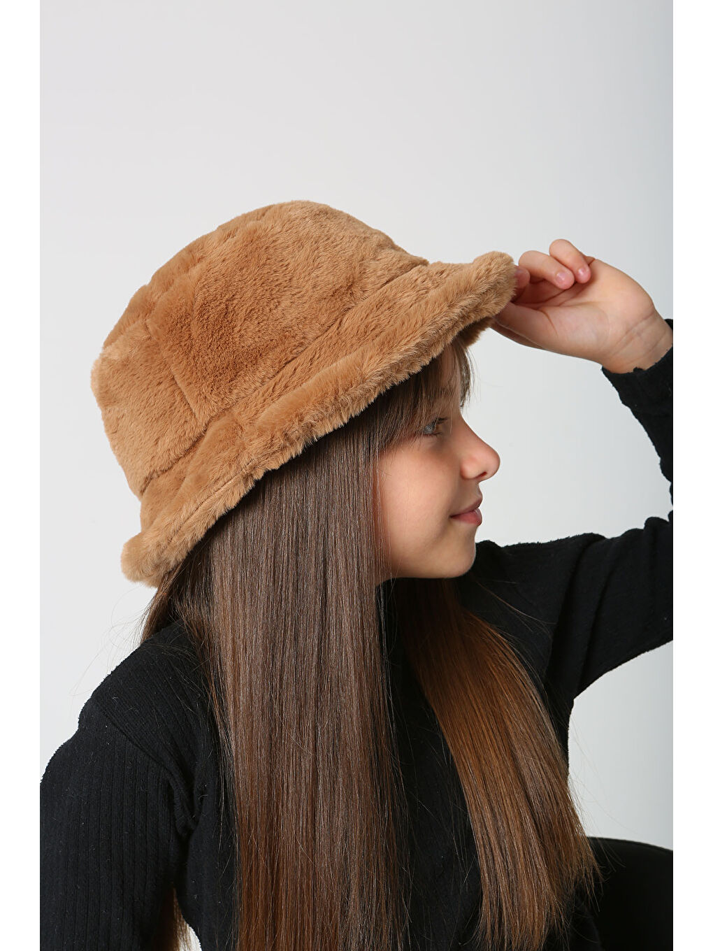 Kahverengi Çocuk Pelüş Bucket Şapka RKŞ Ç 01 Camel-4