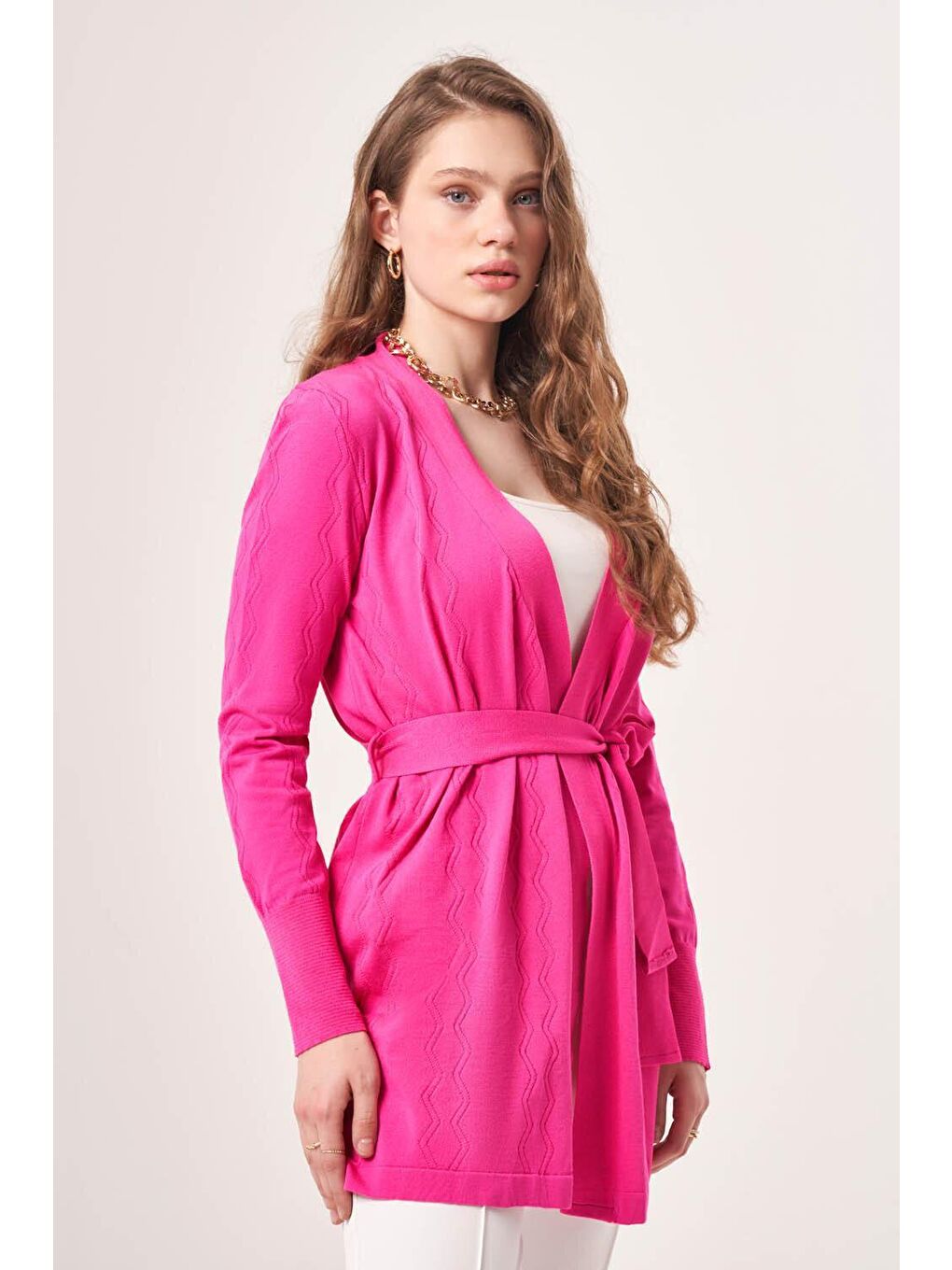 Örgü Desenli Fuşya Triko Hırka-1