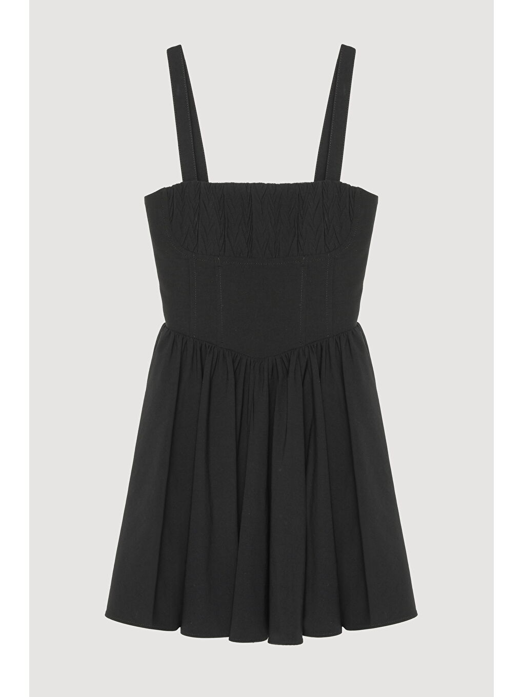 Kalın Askılı Pileli Mini Elbise Siyah