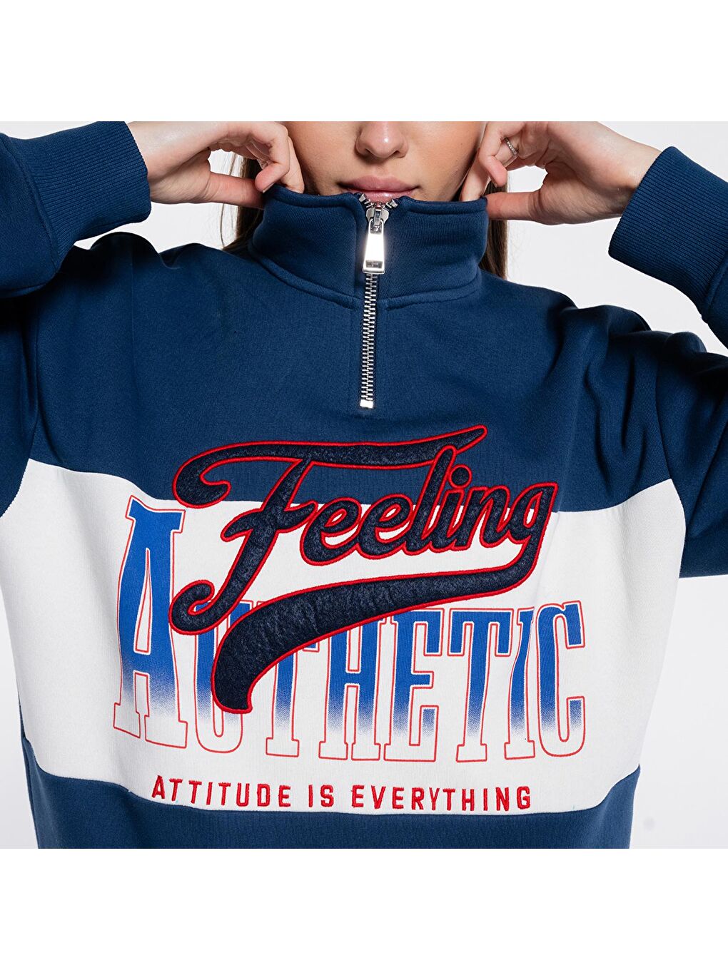 Mıke Kadın Petrol Dik Yaka Oversize Yarı Fermuarlı Unisex Sweatshirt-2