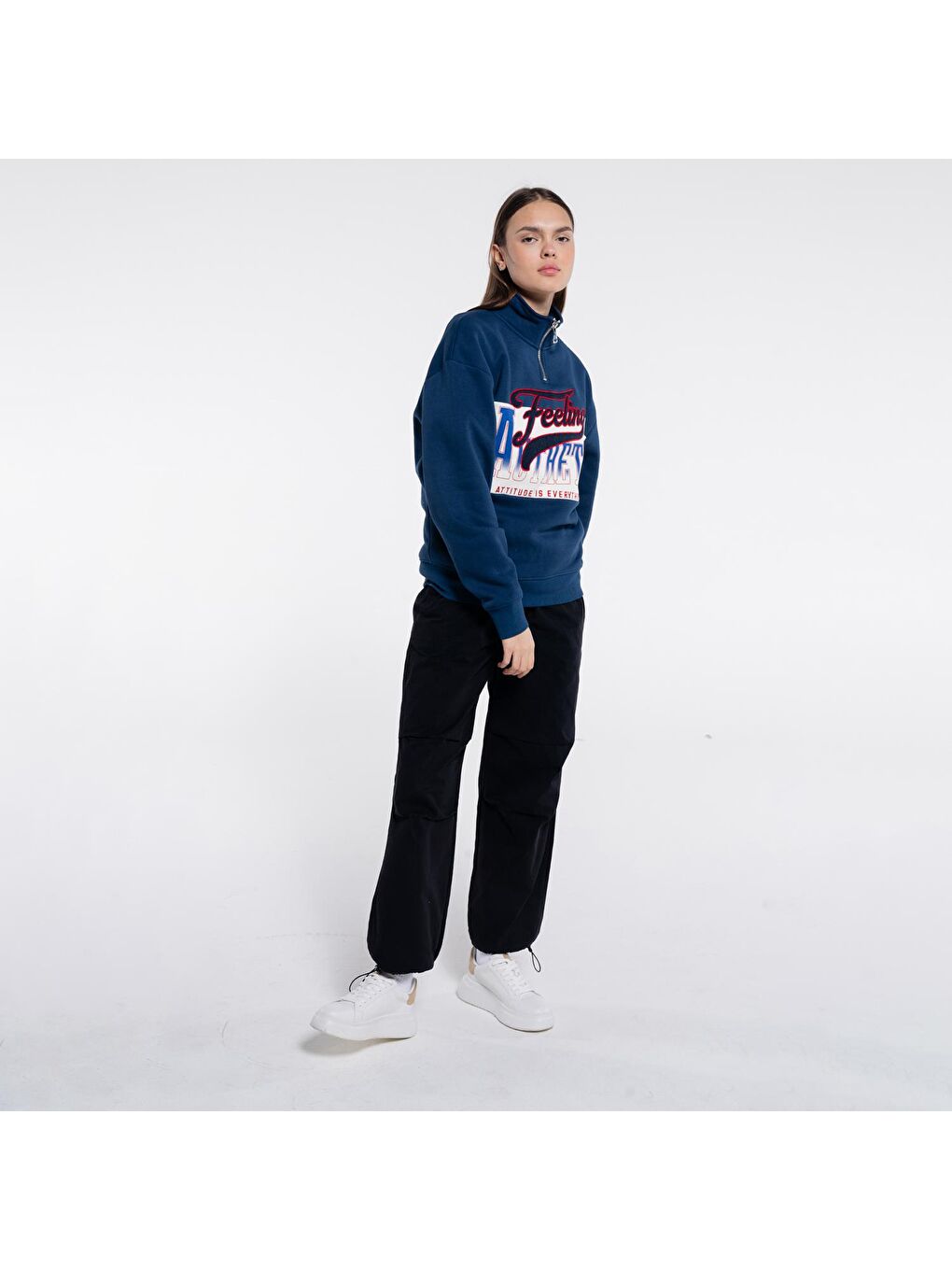 Mıke Kadın Petrol Dik Yaka Oversize Yarı Fermuarlı Unisex Sweatshirt-3