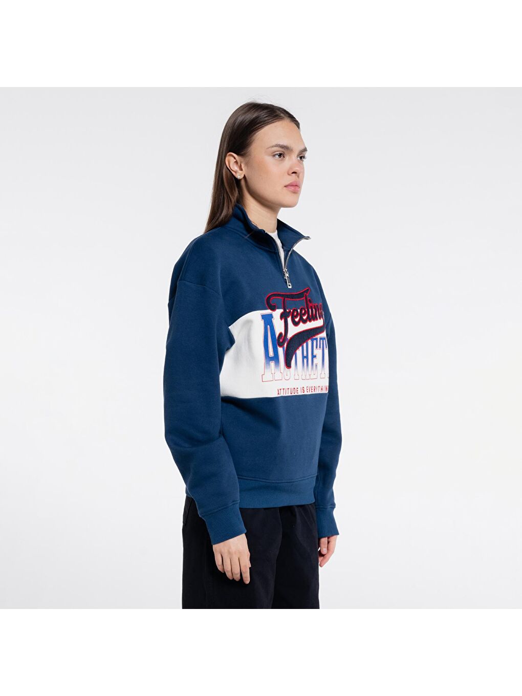 Mıke Kadın Petrol Dik Yaka Oversize Yarı Fermuarlı Unisex Sweatshirt-4