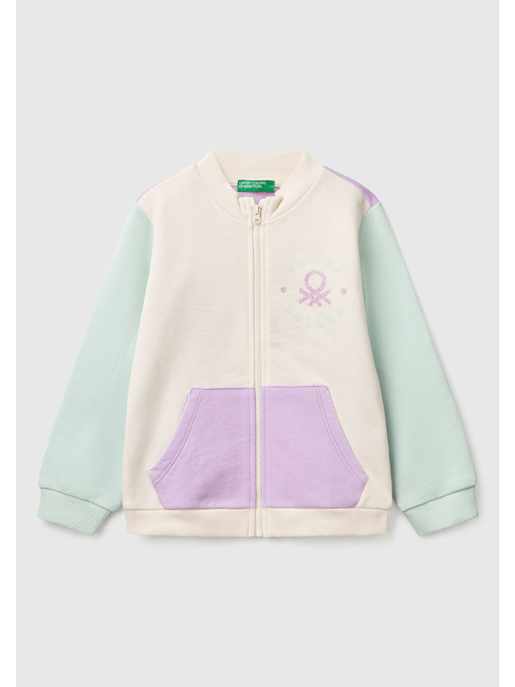 Kız Çocuk Lila Mix Simli Benetton Logo İşlemeli Fermuarlı Sweatshirt