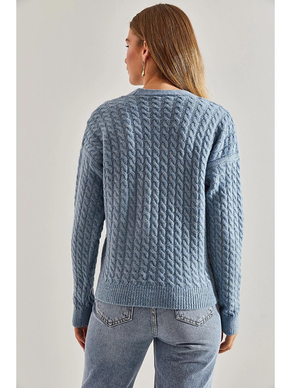 Mavi Kadın Saç Örgülü Düğmeli Triko Hırka-1