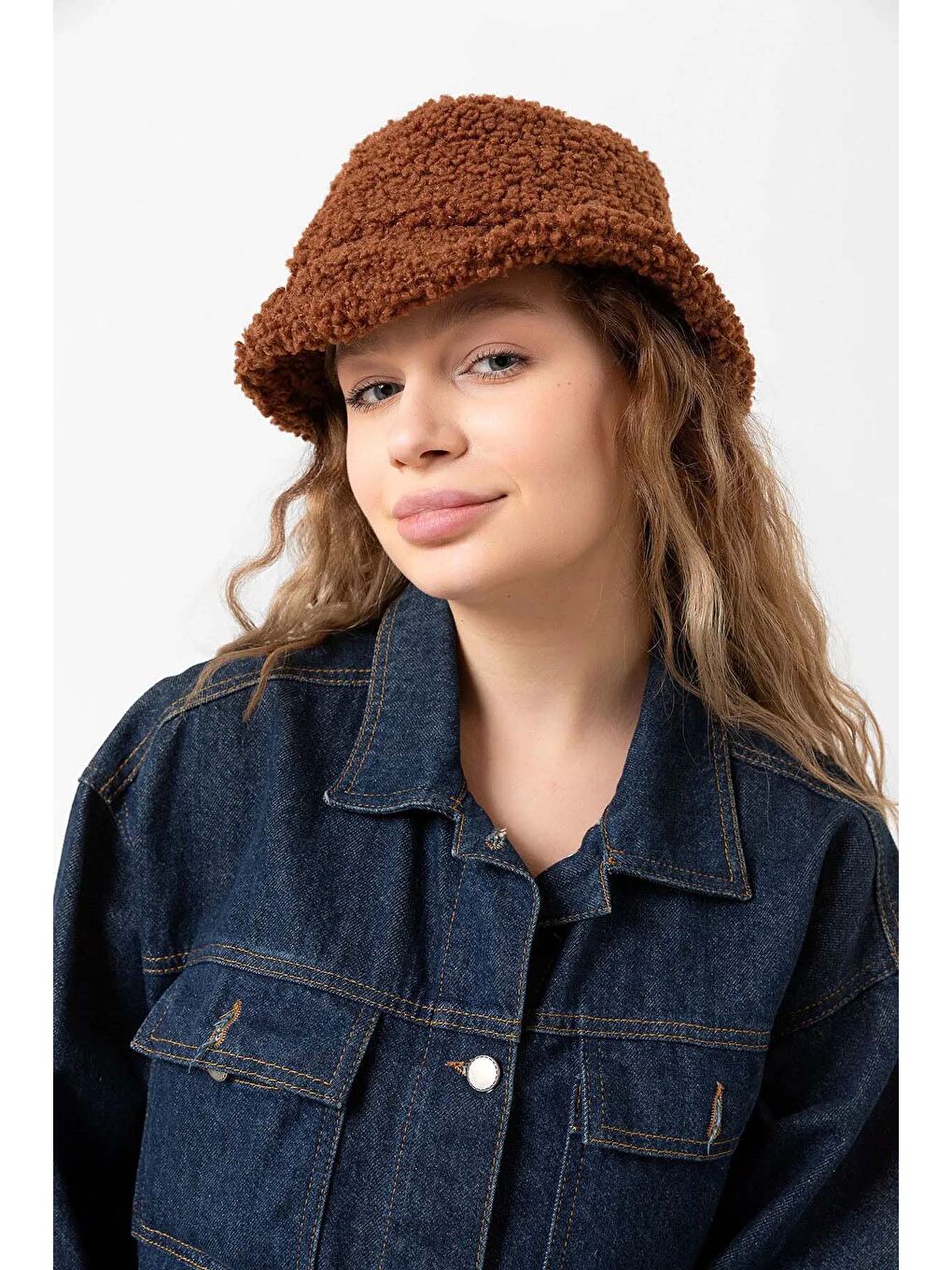 Kadın Kıvırcık Pelüş Bucket Şapka RKŞ 10 Kahverengi-2