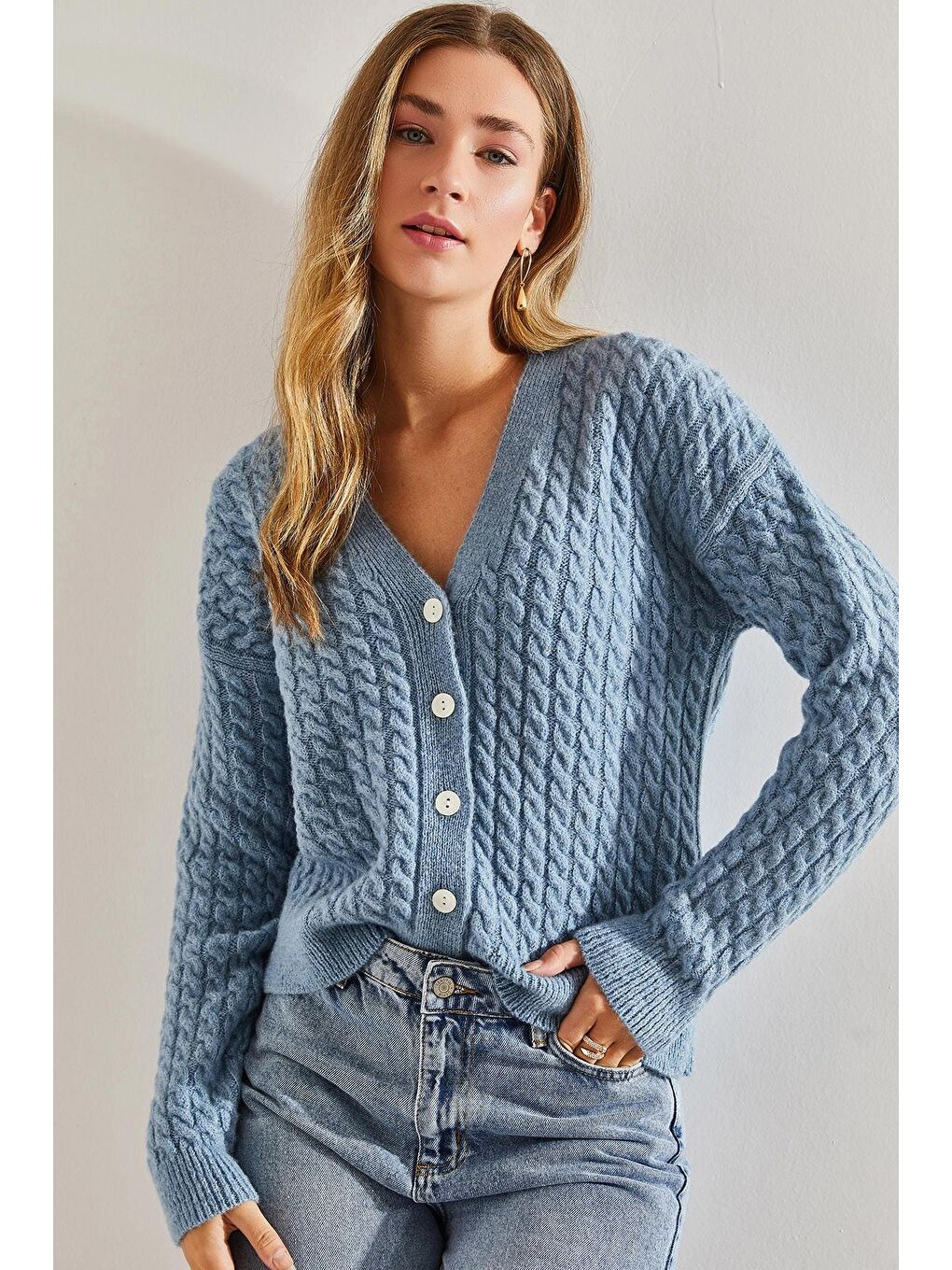 Mavi Kadın Saç Örgülü Düğmeli Triko Hırka-2