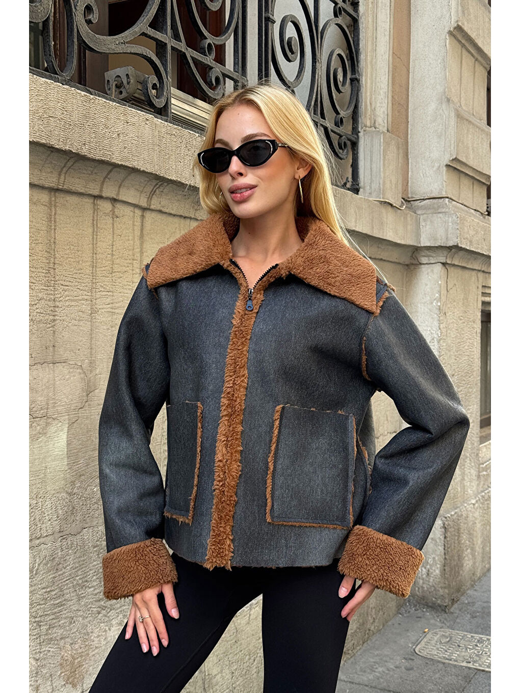 Antrasit Çift Cepli İçi Suni Kürklü Biker Mont-1